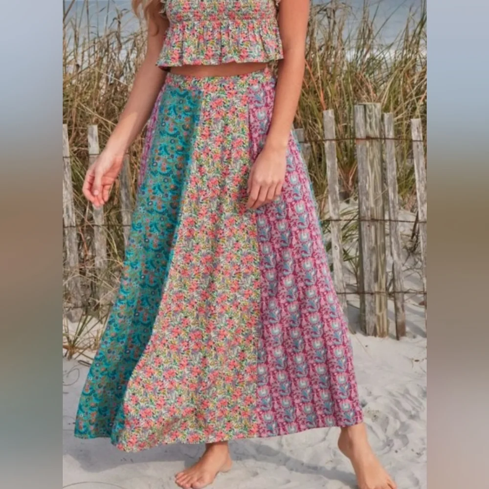 NWT NATURAL LIFE Valentina Turquoise Mixed Print Floral Midi Skirt *Vintage* - Picture 1 of 9
